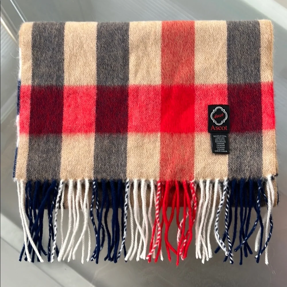 🐑🇩🇪Soft Wool & Cashmere Fringed Men’s or Women’s Tan/Red/Blue/White Plaid Scarf